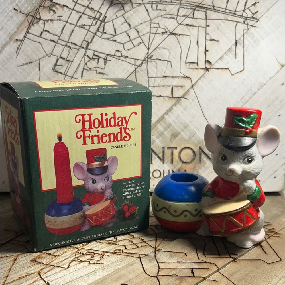 Christmas Candle Holder Vintage JSNY Holiday Friends White Bisque Mouse Drummer